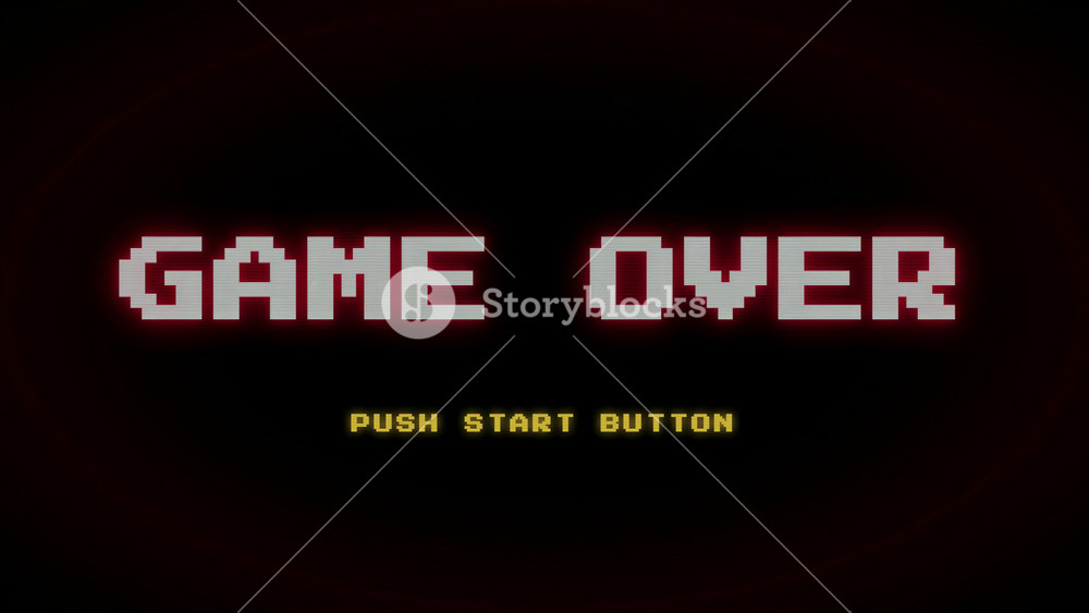 Retro pixel art game over screen with flashing text on a dark ...