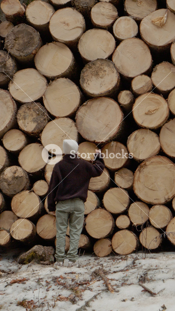 Vertical Screen: A woman stands in a forest and looks at a tall wall of stacked wooden logs. She approaches the logs and gently puts her hand on two of the logs.