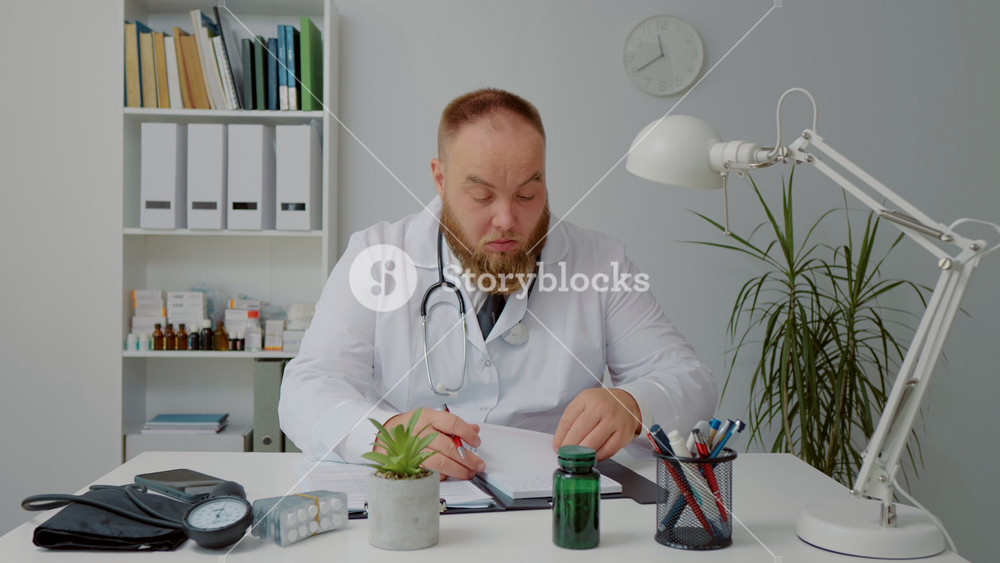 Doctor writing detailed prescription dosing of pills. Professional man therapist with stethoscope filling medical checklist on clipboard.
