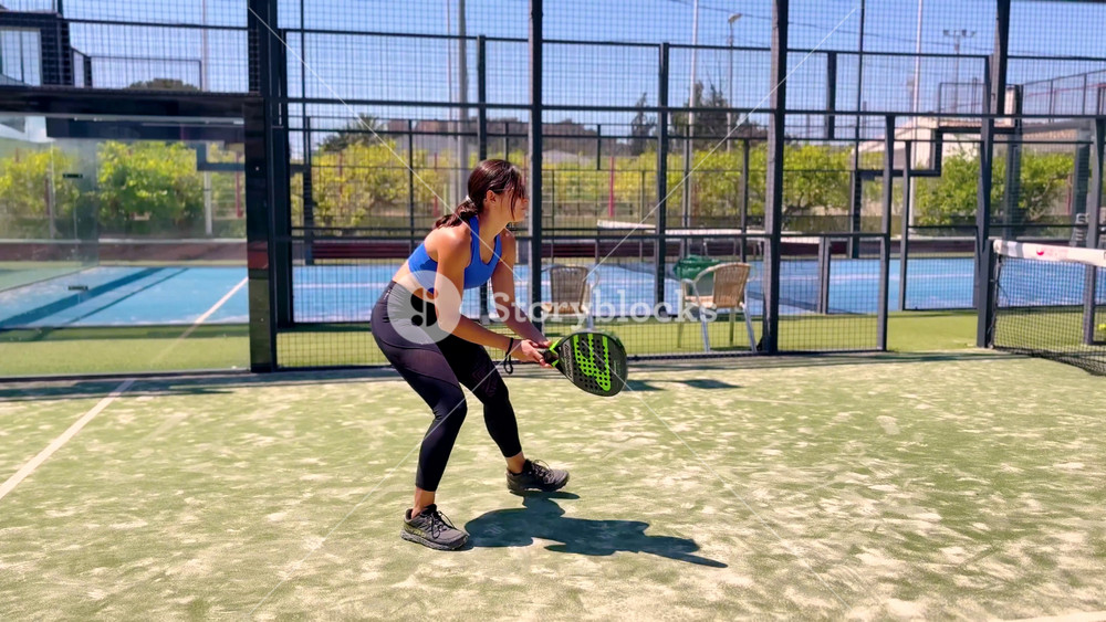 Murcia, Spain - May 15 2025: Young sportswoman and man couple playing padel tennis in slow motion. Hitting padel ball in slow mo at padel court.