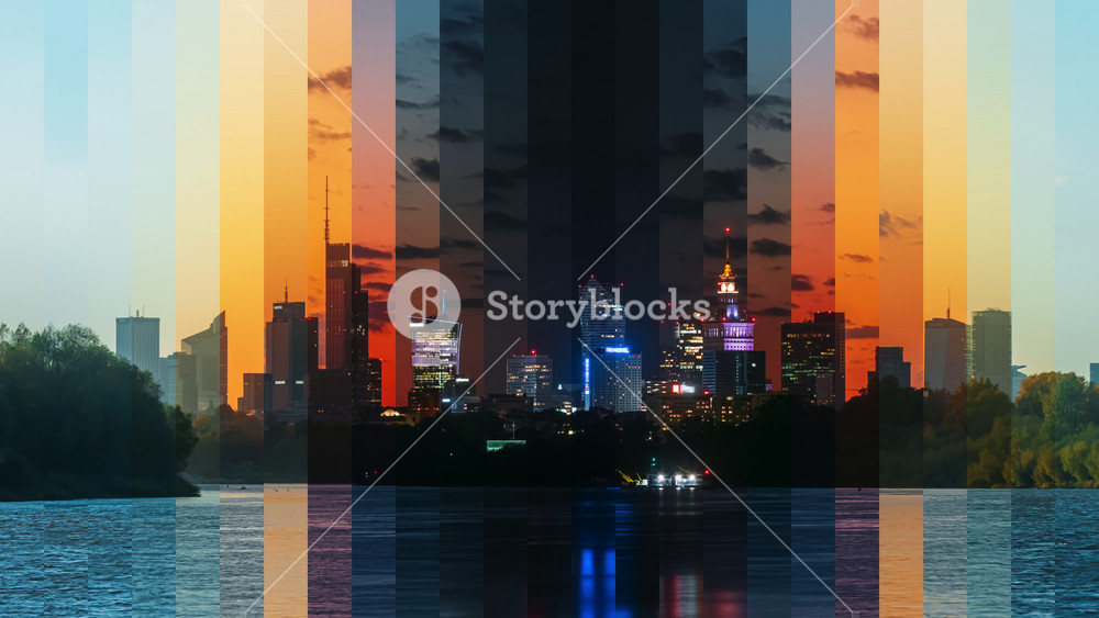 Day to night timeslice effect time-lapse skyline cityscape Warsaw city downtown modern skyscrapers glass office buildings on horizon, sunset sunny weather. Urban illumination mirrored water surface