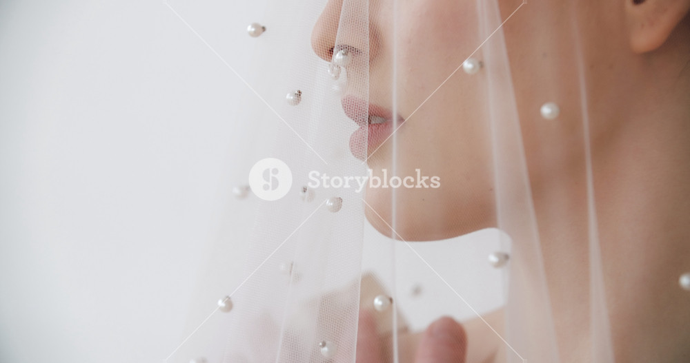 Close-up portrait gorgeous young brunette woman posing and looking seductively on clean background. Stylish wedding photo session of charming sensual bride under white veil. Bridal day concept