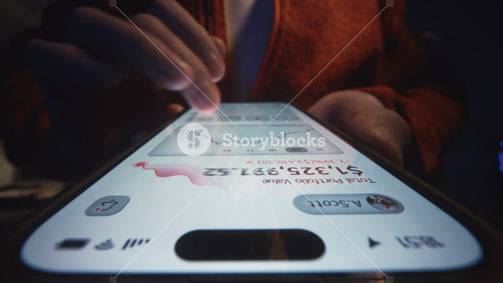 Male hand holding smartphone, financial investment app shows declining portfolio value and falling charts. low light Indoor scene with downturn stock market data, bearish trend, negative investment