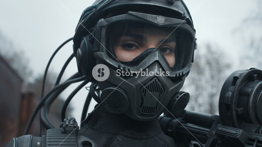 Portrait female future soldier in fiction helmet after nuclear war. Lonely star trooper cyborg girl in futuristic combat suit with assault gun. Cyberpunk military post apocalypse concept