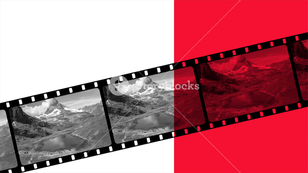 Modern photographic film with Riffelsee lake and Matterhorn mountain in national park of Zermatt, Switzerland. Summer landscape with clear blue sky and sunshine weather