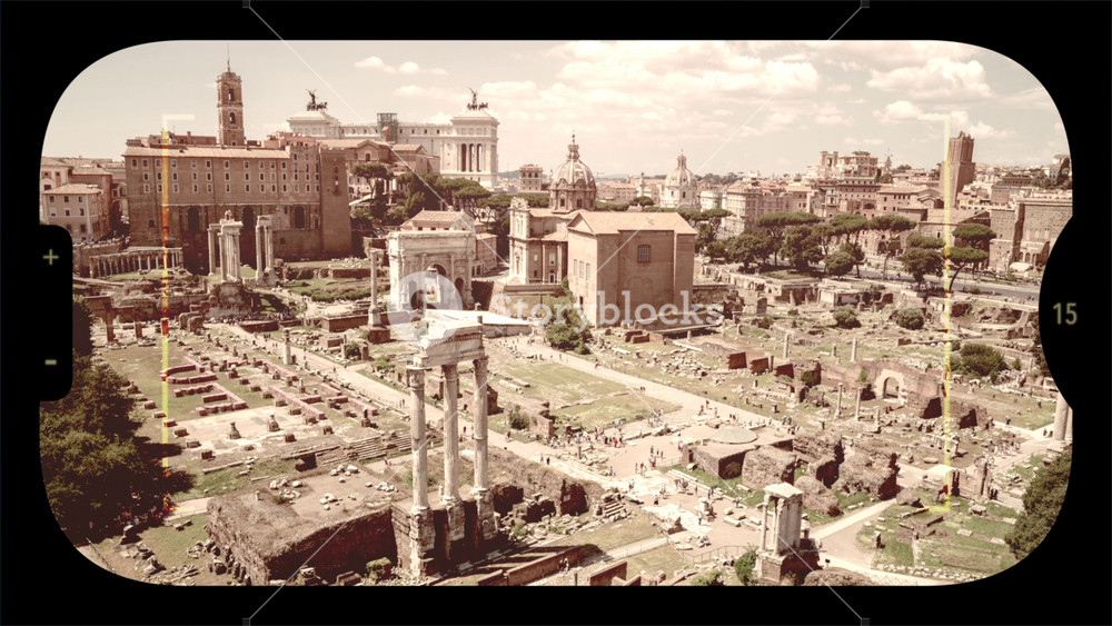Retro photo camera screen with Roman forum from Palatine Hill, ruins of ancient buildings at center of city of Rome