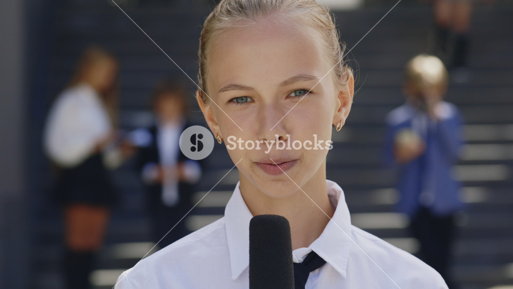 Portrait Shot of Little Kid Caucasian Beautiful Female Journalist Talking with Microphone for News Episode about Politics Outdoors. Girl