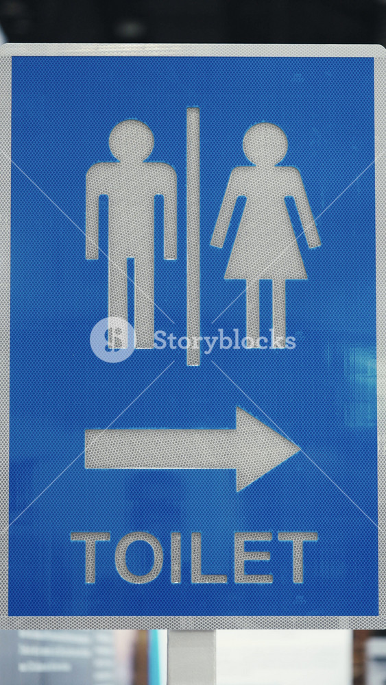 Vertical Video. Illuminated Road Sign Indicating the Location of the Restroom. WC Sign for the Road. Sign and Road Concept.