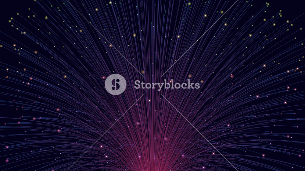A vibrant depiction of fireworks bursting in the night sky using illuminated dots of primarily red, blue with hints of purple and yellow. The dark background enhances the colorful and dynamic display