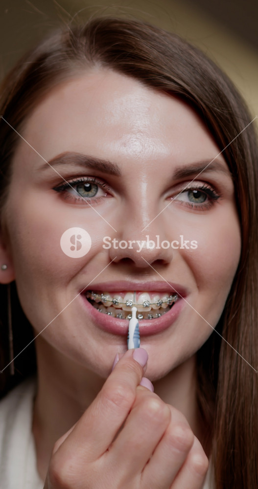 Vertical video. Close-up view of girl cleaning dental braces with orthodontic brush. Focus on metal brackets and oral hygiene practice