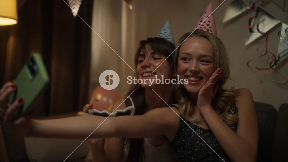 Two happy girls in festive caps take a selfie and rejoice before the start of the birthday party at home in the evening
