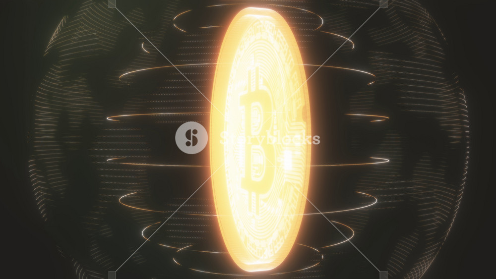 Glowing Bitcoin cryptocurrency rotating symbol with neon outlines. Golden BTC digital money concept, futuristic finance, global blockchain technology in cyberspace 3D Animation. 60 fps, Ultra HD 4k