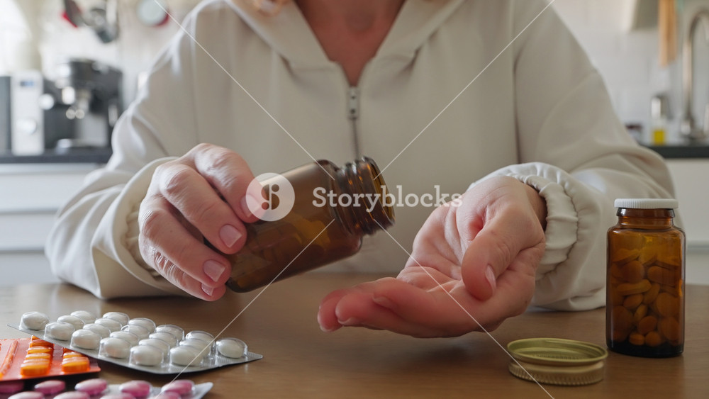 Women's health, lifestyle . Female pours supplement capsules from brown glass bottle into their hand, surrounded by other bottles and blister packs on table. Self-care, health, daily wellness routines