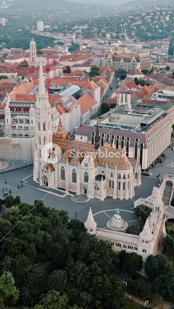 Matthias church fishermans bastion aerial budapest gothic spire roof tiles crane hungary vertical landmark architecture