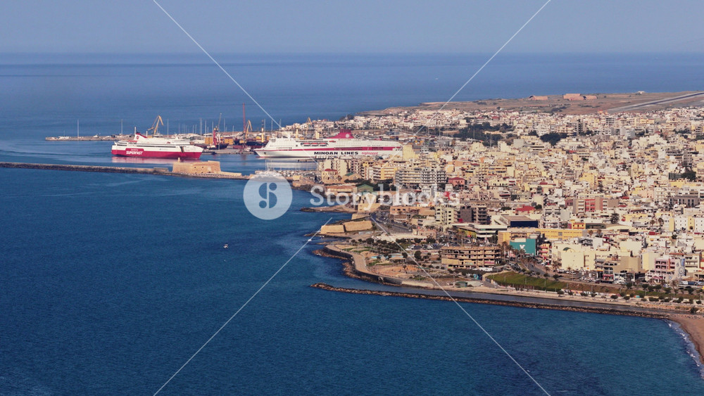 Heraklion, Greece - June 15, 2026: Aerial drone view of the harbor and the Venetian Koules Fortress by the waterfront city