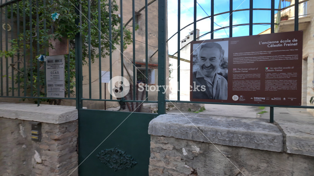 Saint Paul de Vence, France - August 19, 2024: A sign on the fence of the entrance of the former school of Celestin Freinet
