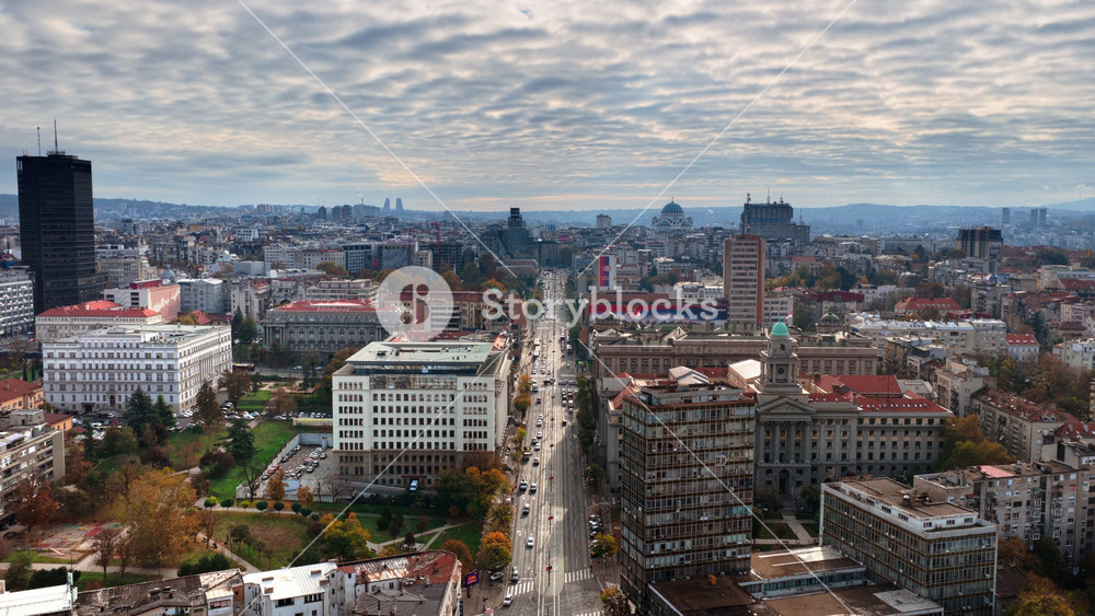 Belgrade, Serbia - November 10, 2025: Aerial drone view of central Belgrade including Kralja Milana Street and the surrounding administrative and commercial district