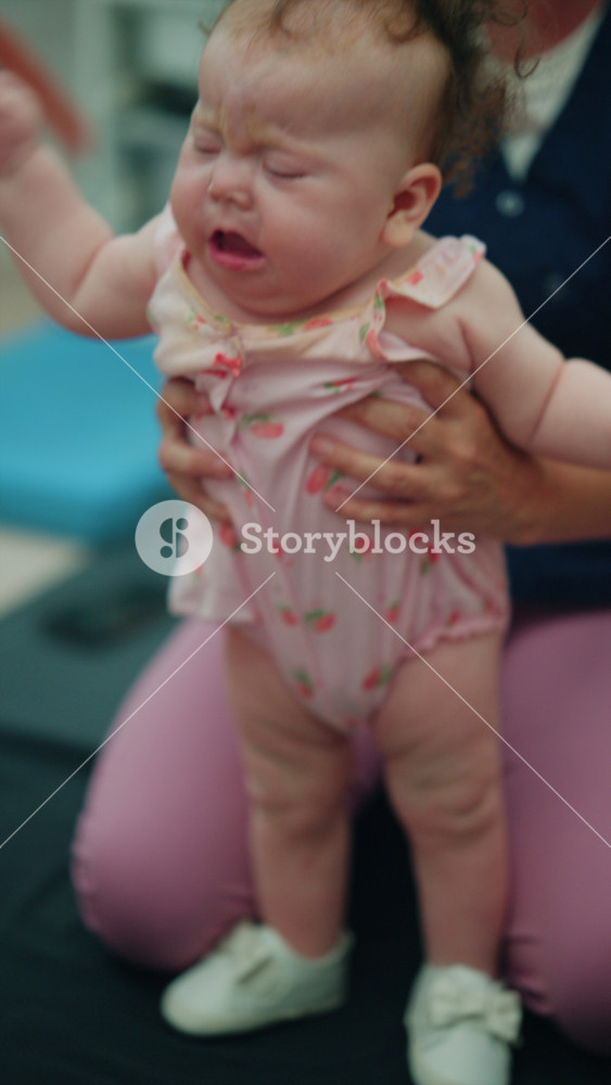 Young baby girl shedding tears, expressing emotion and needing attention, held securely by an adult in a moment of childhood discomfort