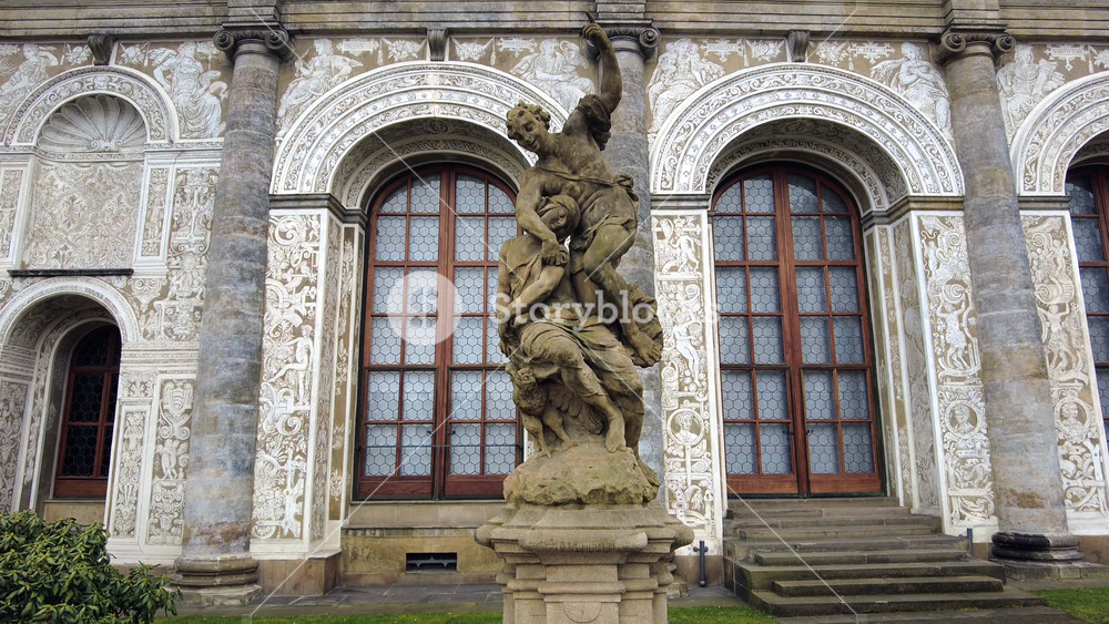 Prague, Czech Republic - February 16, 2023: A statue in front of the Prague Ballroom on the south side of the Royal Gardens