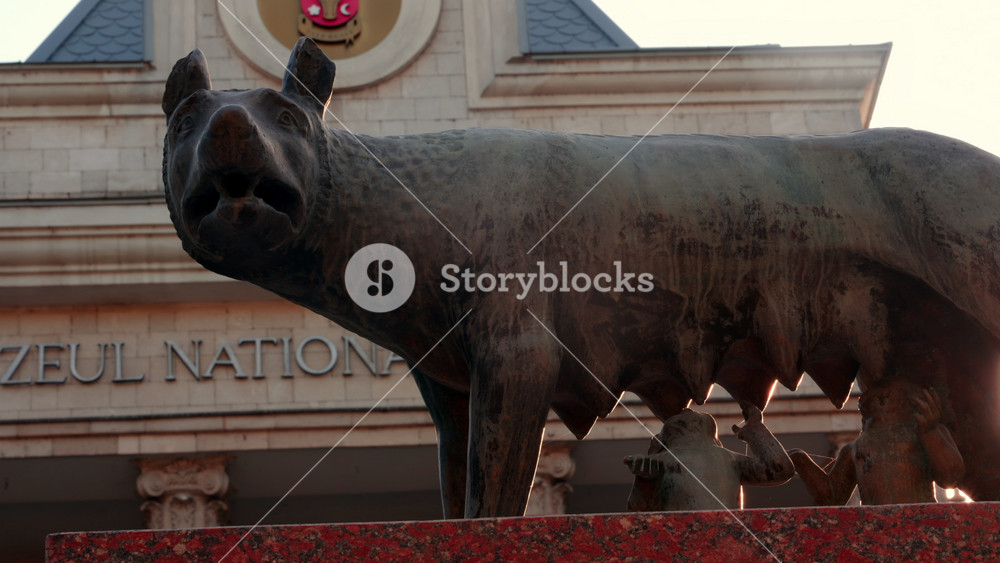 Chisinau, Moldova - September 25, 2025: Historic bronze statue of the Capitoline Wolf with Romulus and Remus on a red marble pedestal in front of the National History Museum of Moldova