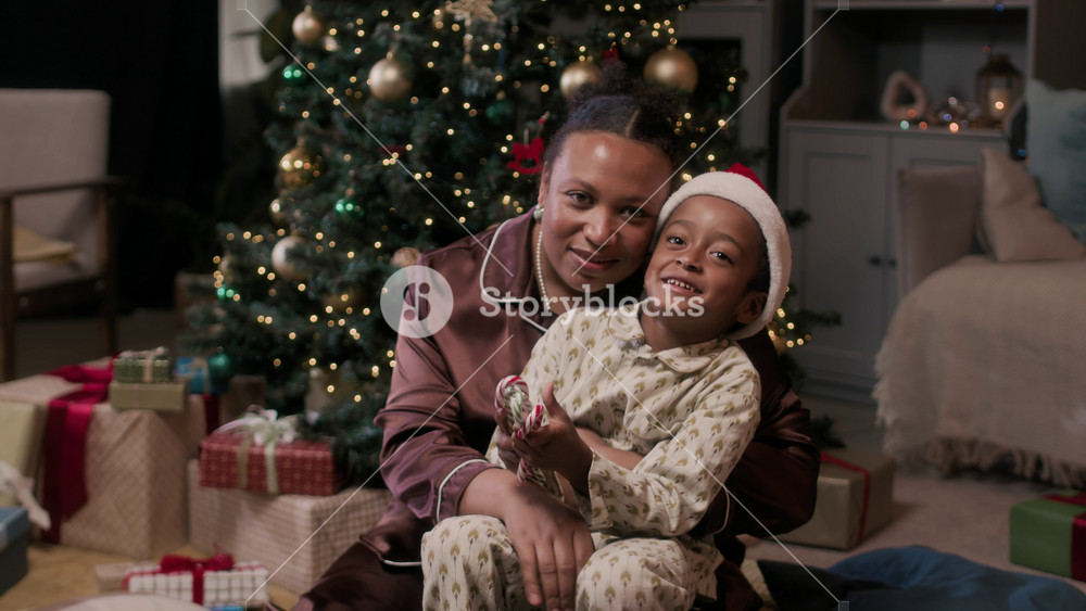 Slowmo portrait of cheerful African American mother and son sitting in living room against Christmas tree, hugging and looking at camera