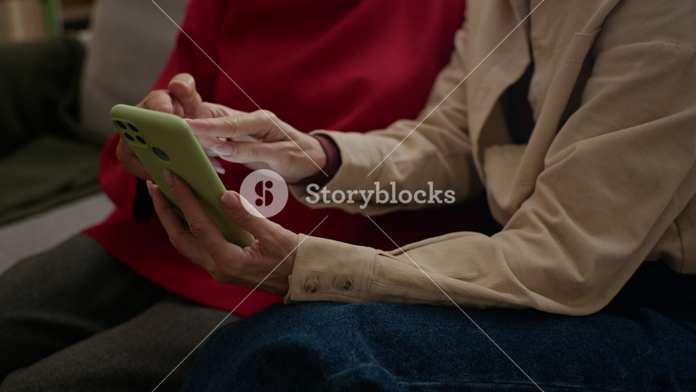 Caucasian senior woman and middle aged daughter sitting together, using smartphone. Video is perfect for senior care services, digital literacy campaigns, or family communication apps