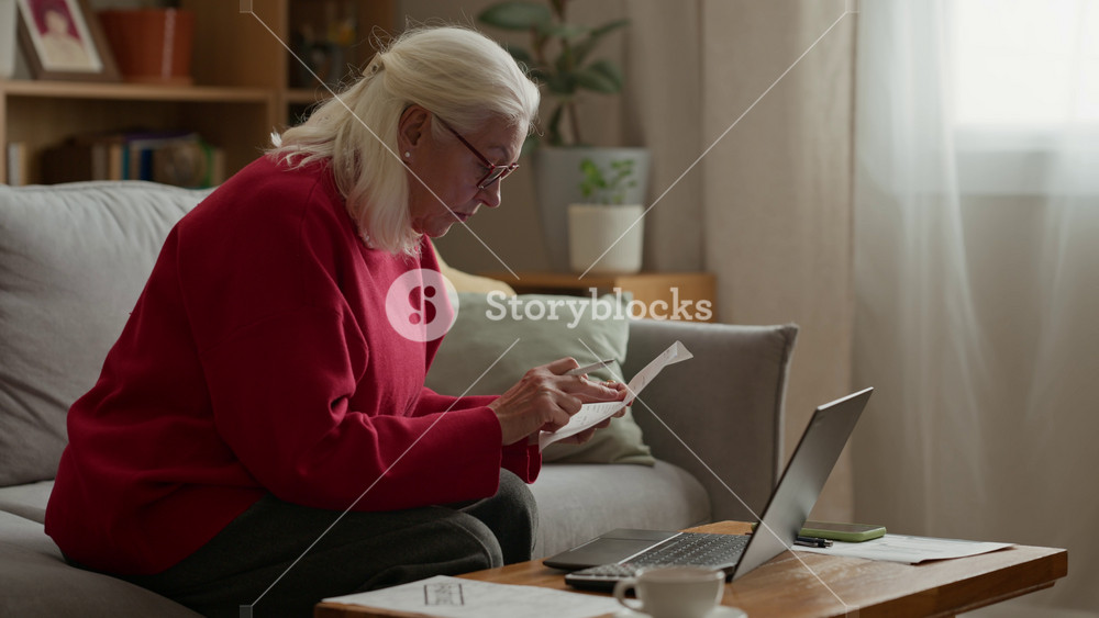 Caucasian senior woman checking paper bill and typing on laptop while sitting on sofa at home. Footage represents senior financial planning, digital banking, and retirement management concepts