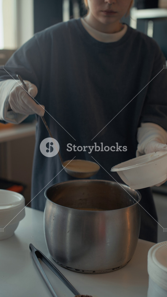 Vertical of Caucasian female volunteer pouring hot soup from pot into bowl and handing it to unrecognizable person in need. Clip is ideal for charity campaigns and community support advertisements