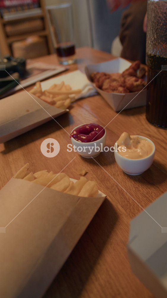 Vertical handheld shot of young African American woman eating fries while Caucasian man enjoying fried chicken, relaxing at home together and having takeout dinner