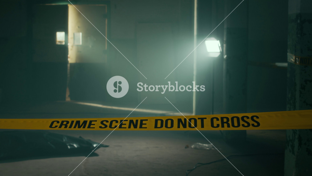 Wide low-key shot of crime scene yellow barricade in foreground and two police detectives entering dark abandoned building, approaching lying dead body under black bag