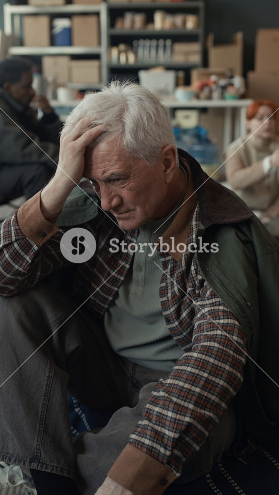 Portrait of worried senior Caucasian man sitting on floor in humanitarian aid center, holding head. Clip is suitable for charity campaigns or social support advertisements, vertical