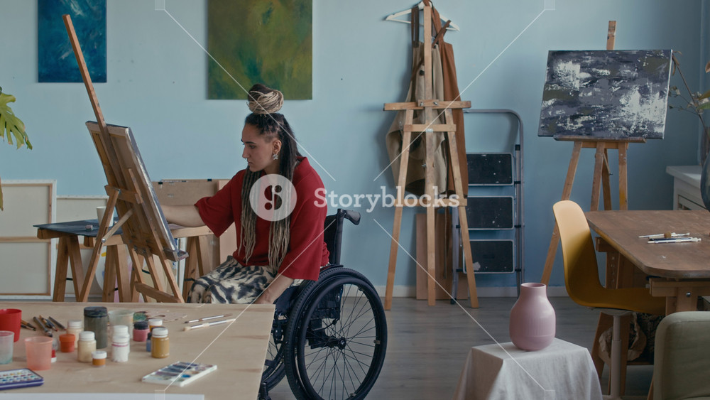 Full shot of inspired young Caucasian female artist with creative dreadlocks hairstyle sitting in wheelchair and drawing on canvas on easel in cozy modern studio among many paintings