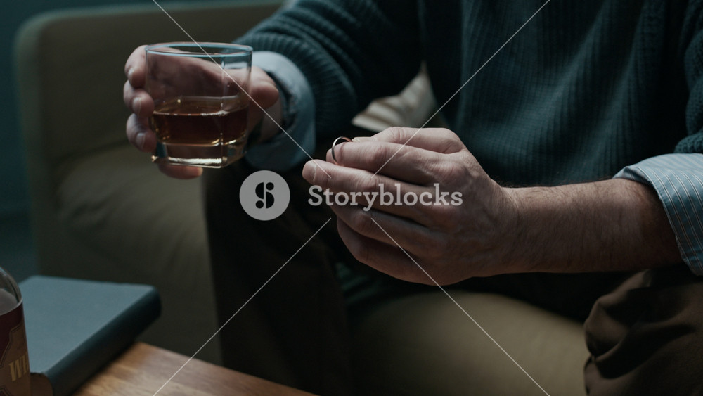 Tilt up low key shot of gray-haired elderly Caucasian man holding wedding ring and glass of whiskey in hands, reminiscing about painful breakup while sitting in living room, trying to cope with stress