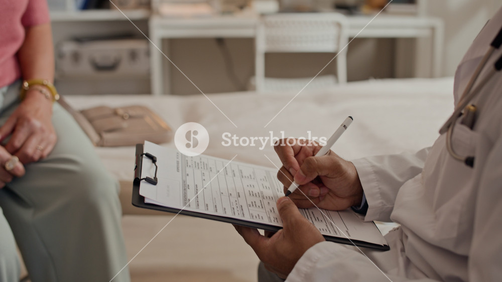 Indian male doctor writing on clipboard and consulting senior Caucasian female patient in clinic. Clip is perfect for senior healthcare marketing and medical clinic promos