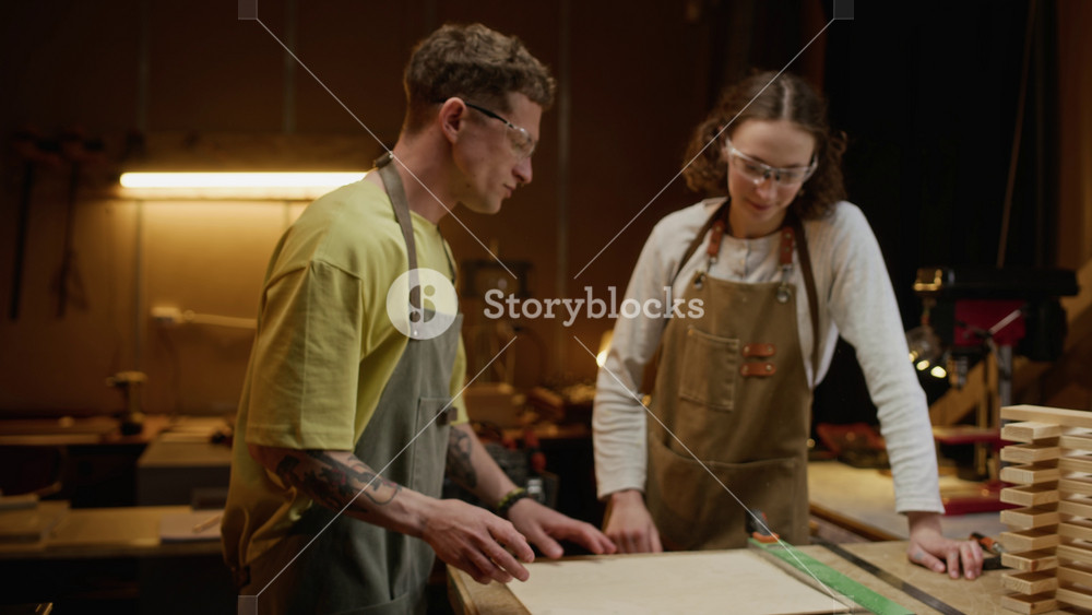 Caucasian young adult male and female carpenters wearing aprons performing woodworking project in workshop. Clip is perfect for promoting vocational training or small business entrepreneurship