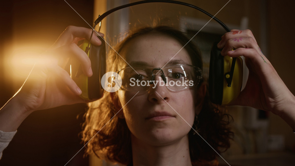 Portrait of Caucasian young adult woman taking off safety earmuffs in carpentry workshop and looking into camera. Clip is perfect for industrial safety training or trade school promotions