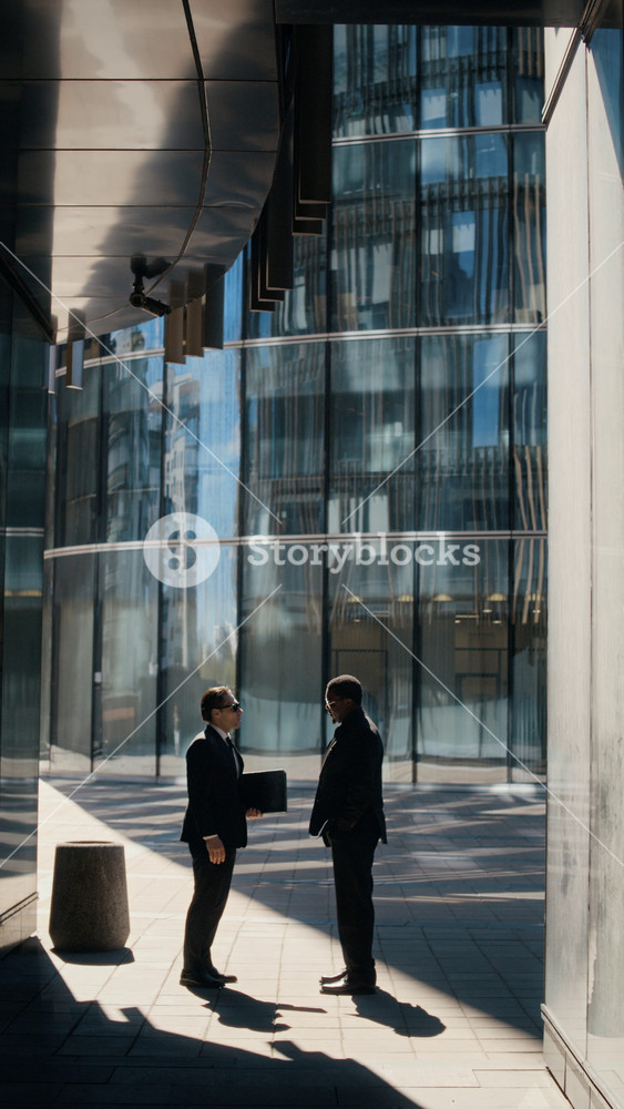 Vertical shot of Caucasian and African American businessmen standing near modern office building, discussing project and shaking hands. Clip is perfect for corporate partnership and B2B marketing