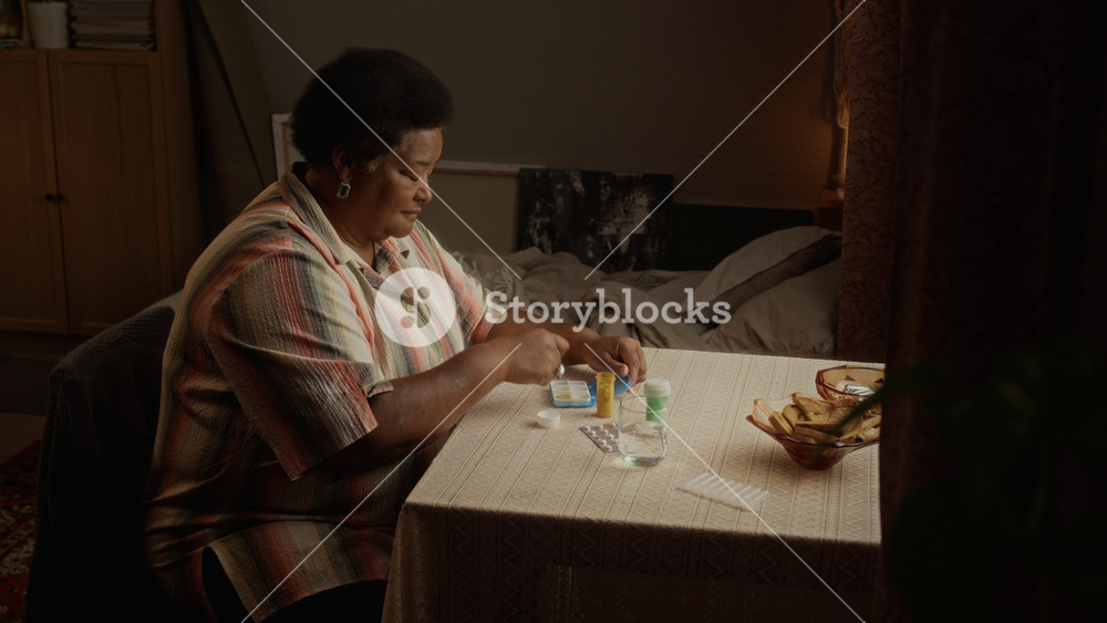 Side view medium shot of African American senior woman sitting at table, taking prescription pills from bottle. Clip is suitable for senior healthcare, geriatric medicine, and pharmaceutical marketing