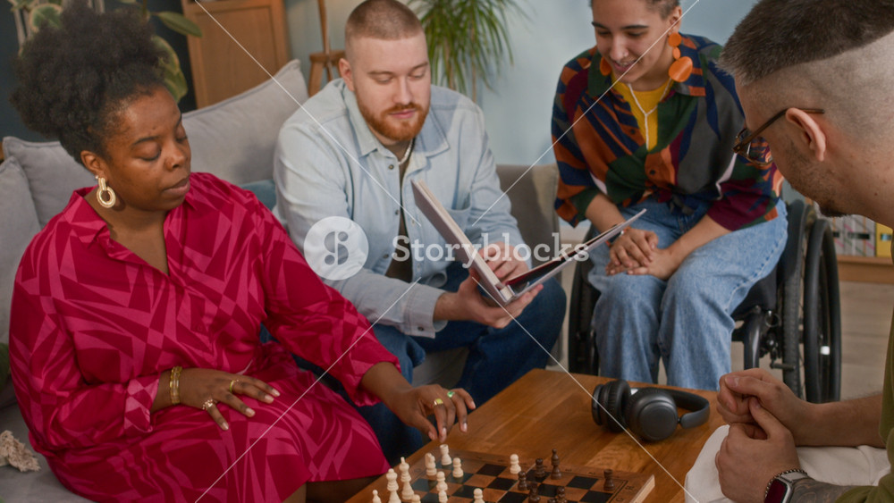 Young multiethnic couple spending time together at home with their Caucasian friends in wheelchairs, playing chess and looking at photo album