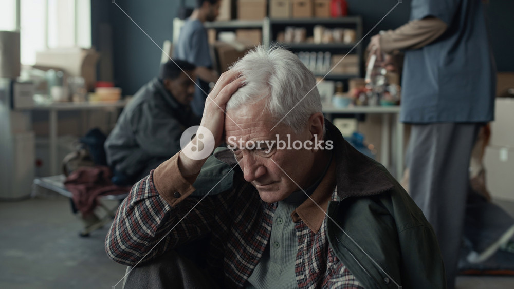 Portrait of senior Caucasian man holding head and looking into camera inside humanitarian aid shelter. Footage is ideal for charity campaigns, disaster relief, and social support stories