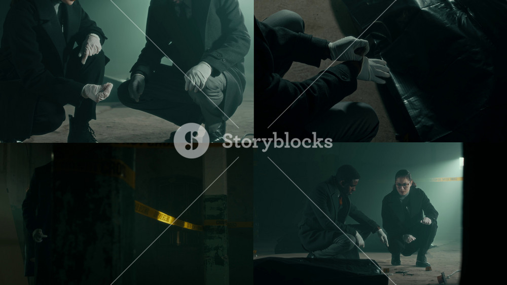 Split screen of young skilled Caucasian female detective and young Black male colleague arriving at crime scene, putting on gloves and analyzing clues near covered dead body in old building