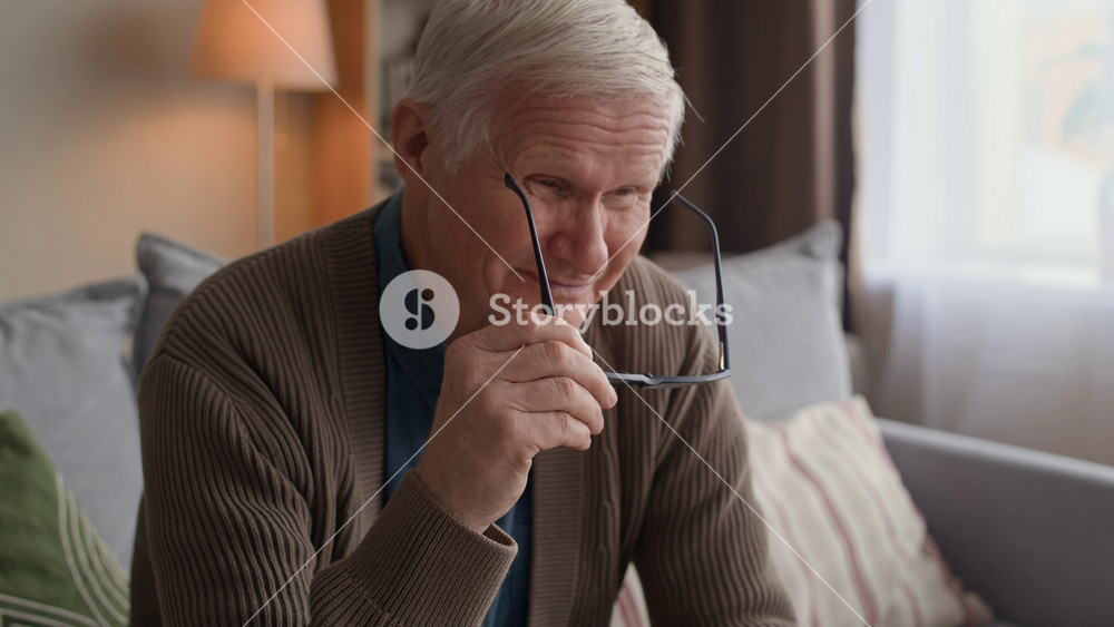Tilt up of adult Caucasian man taking off his glasses while examining overdue household bills and calculating monthly expenses at home, showing financial concern in realistic domestic environment