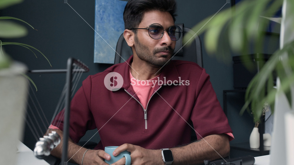 Waist up of young Indian man wearing glasses starting Newtons cradle and drinking coffee at office desk. Clip is ideal for corporate wellness, stress management, and workplace productivity concepts