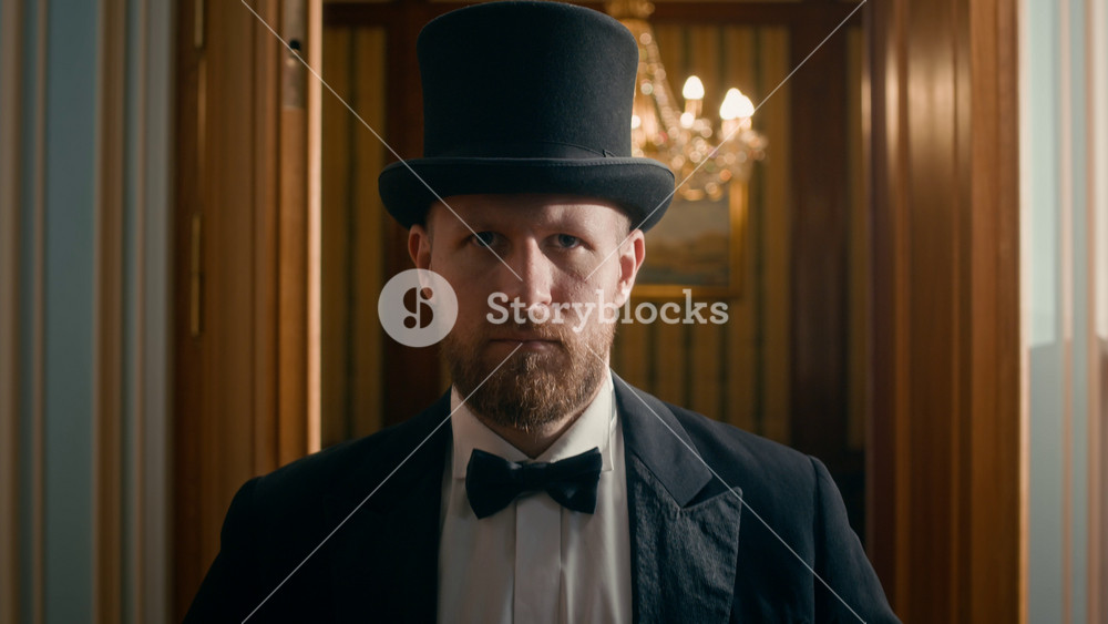 Chest up slowmo of well-dressed gentleman in cylinder hat and bow tie opening grand wooden door, stepping into elegant interior and walking toward camera