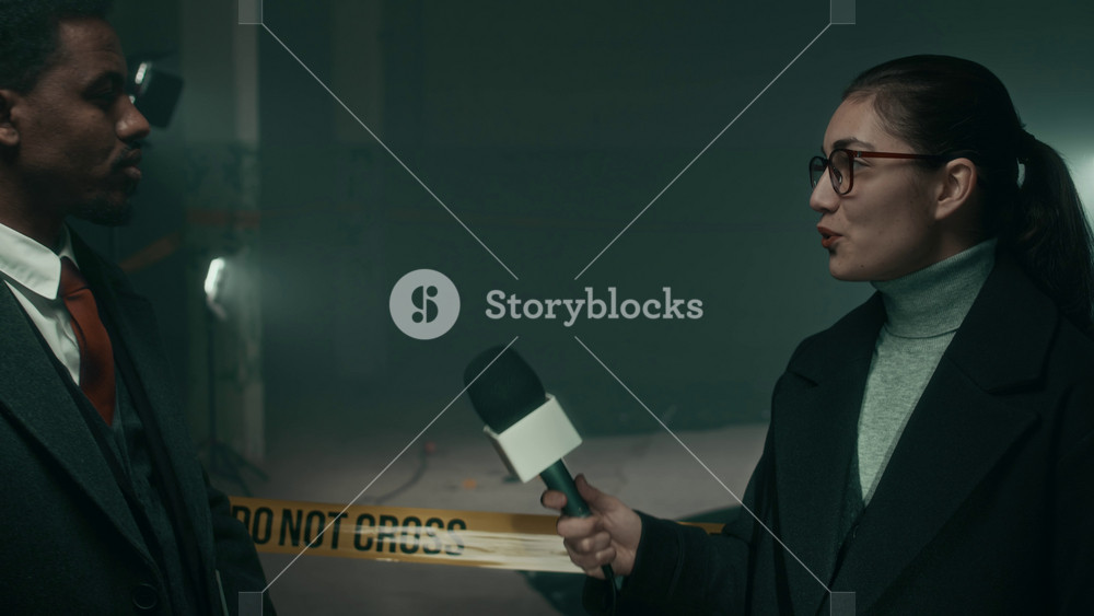Medium closeup lowkey shot of young Caucasian female journalist interviewing young Black male police officer about murder case standing at crime scene isolated by yellow barricade tape