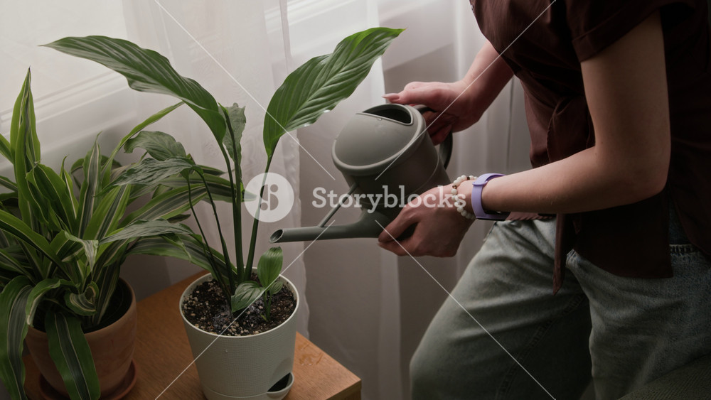 Tilt down slowmo shot of focused young blonde Caucasian woman watering potted peace lily plant with watering can by window, taking care of green houseplants in living room in daytime