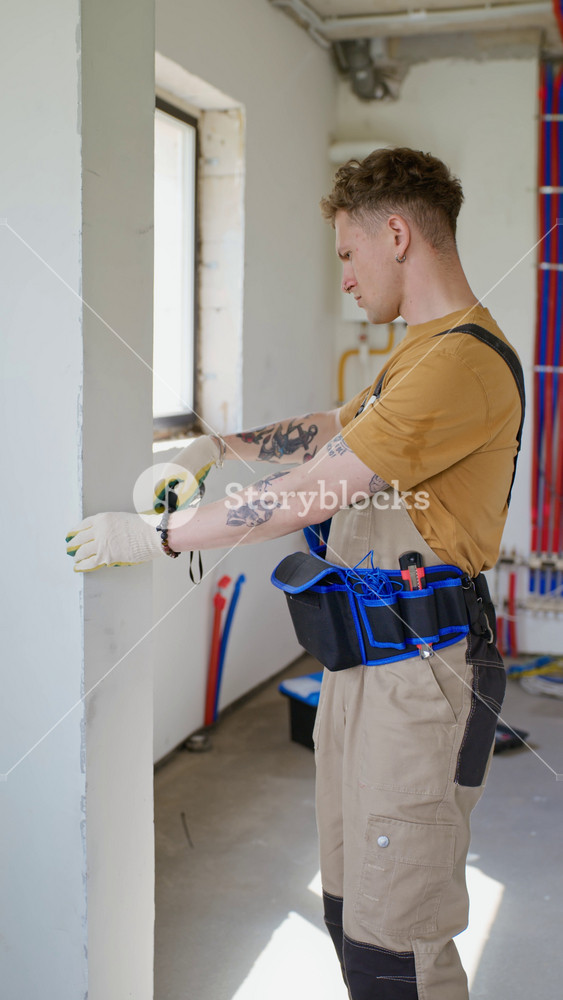 Vertical shot of young adult Caucasian male builder measuring wall with tape measure inside house under renovation. Footage is perfect for construction and home renovation advertisements