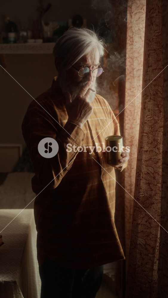 Vertical video of senior South Asian man with beard smoking cigarette and holding metal cup by window. Clip is suitable for campaigns on senior loneliness, mental health, and aging