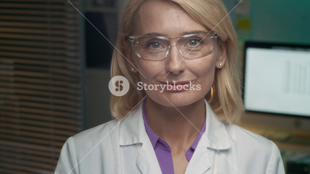 Tilt up portrait of blonde middle-aged Caucasian female scientist in white coat and goggles smiling at camera holding clipboard posing in modern well-equipped research laboratory