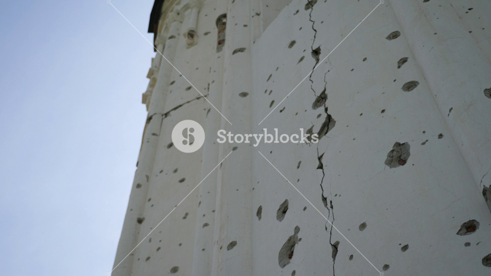 View to destroyed church at Kharkivska oblast. Ruined building after bomb attacks on ukrainian territory from russia army. Consequences of russian invasion of Ukraine. Slow mo